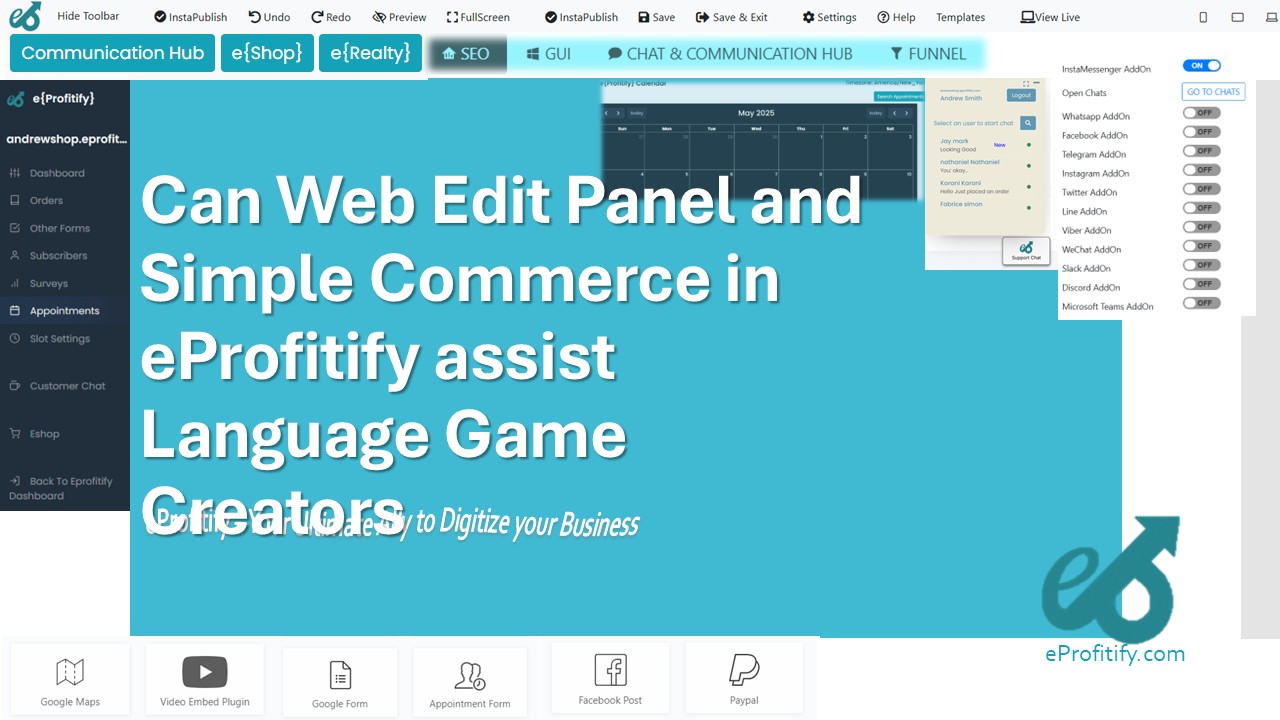Can Web Edit Panel and Simple Commerce in eProfitify assist Language Game Creators